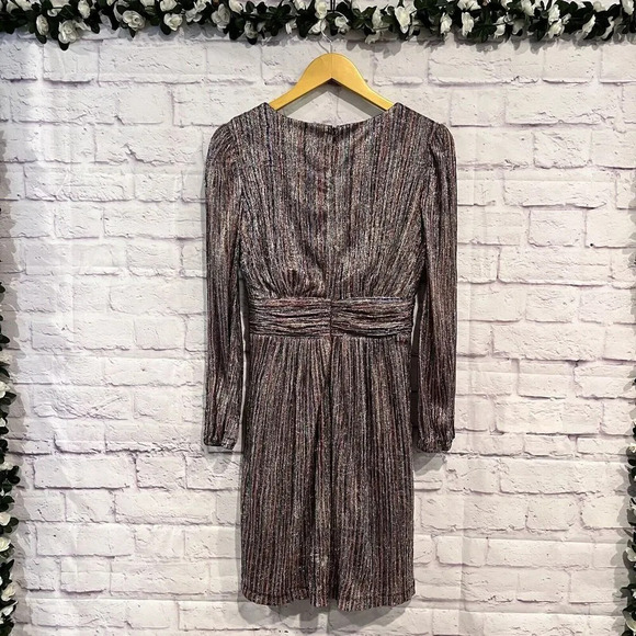 Julia Jordan Multi Colored Shimmery Stripe Metallic Long Sleeve Faux Wrap Dress - Picture 4 of 15